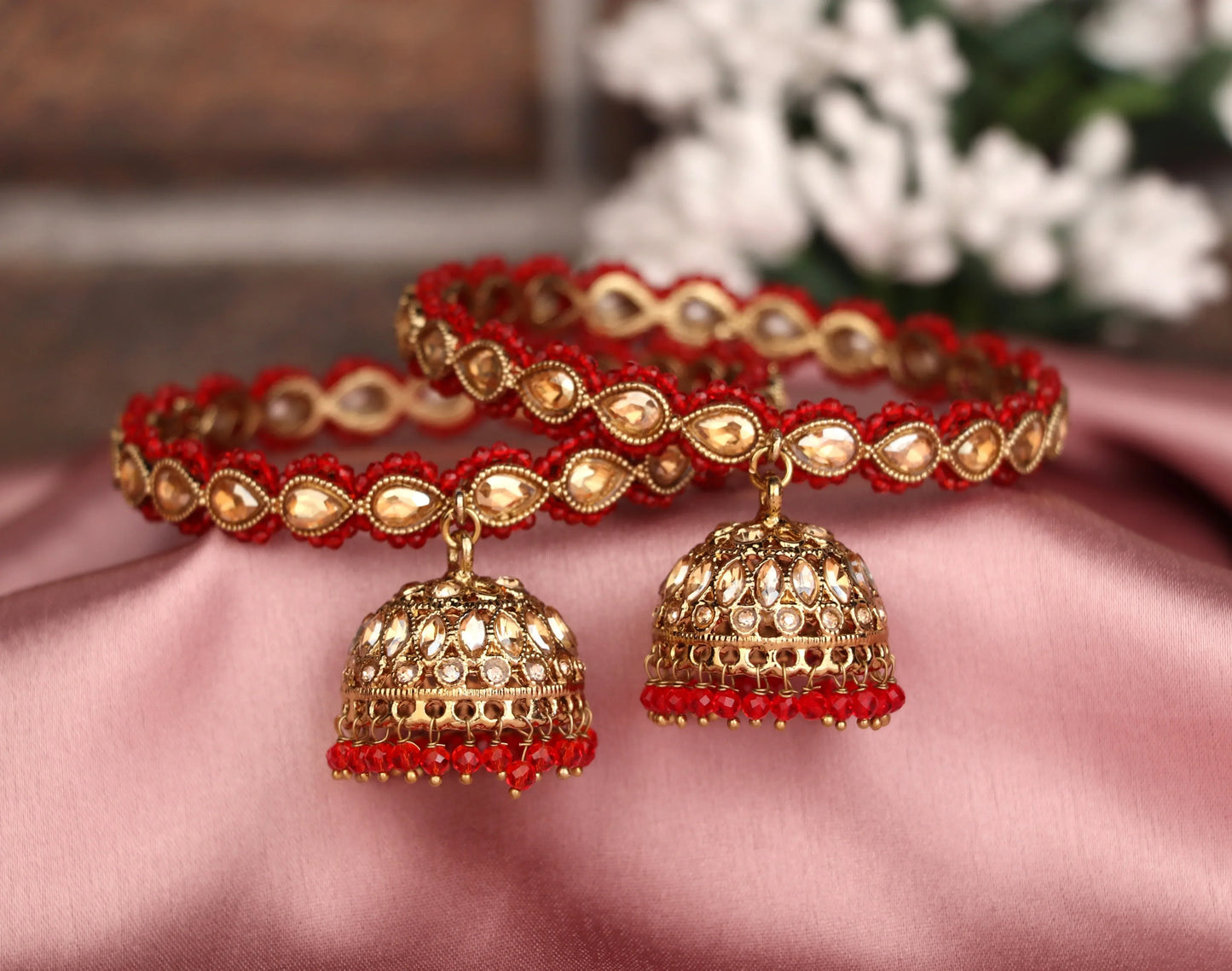Traditional Kundan Studded Metal Kada with Jhumki for Women (Pack Of 2)