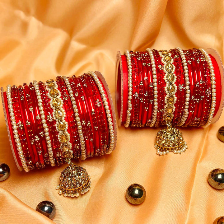 Traditional Red Glass Bangle with Pearl & Metal Jhumki Kada Set for Women (Both Hands)