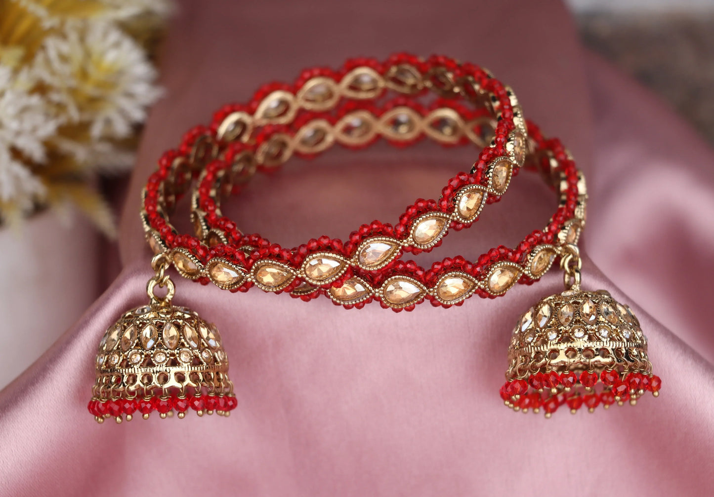 Traditional Kundan Studded Metal Kada with Jhumki for Women (Pack Of 2)