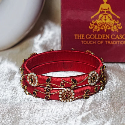 Designer Thread Work Kundan Leaf Style Kada Bangle for Women & Girls (Pack of 2)