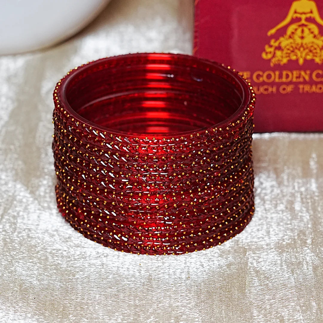 Traditional Gold Ball Studded Work Design Glass Bangles for Women (Pack of 12)
