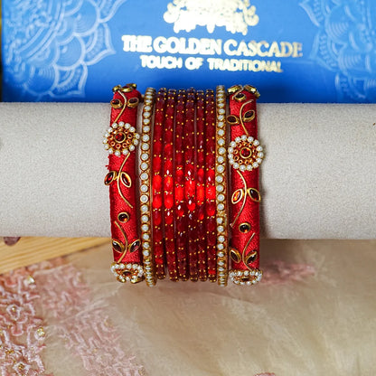 Traditional Thread Work Mini Glass Bangles Set for Women (Both Hands)