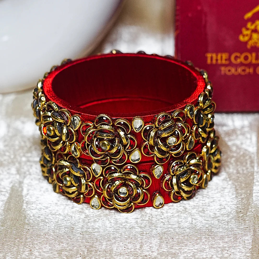 Handmade Thread Kada Bangle with Rose Motif and Kundan Work for Women & Girls (Pack of 2)