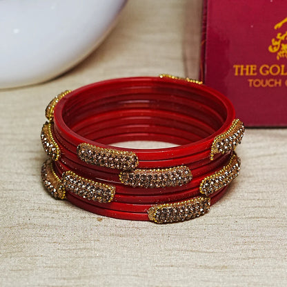 Glossy Finish Designer Glass Kada Bangles with Beads & Stone Work (Pack of 4)
