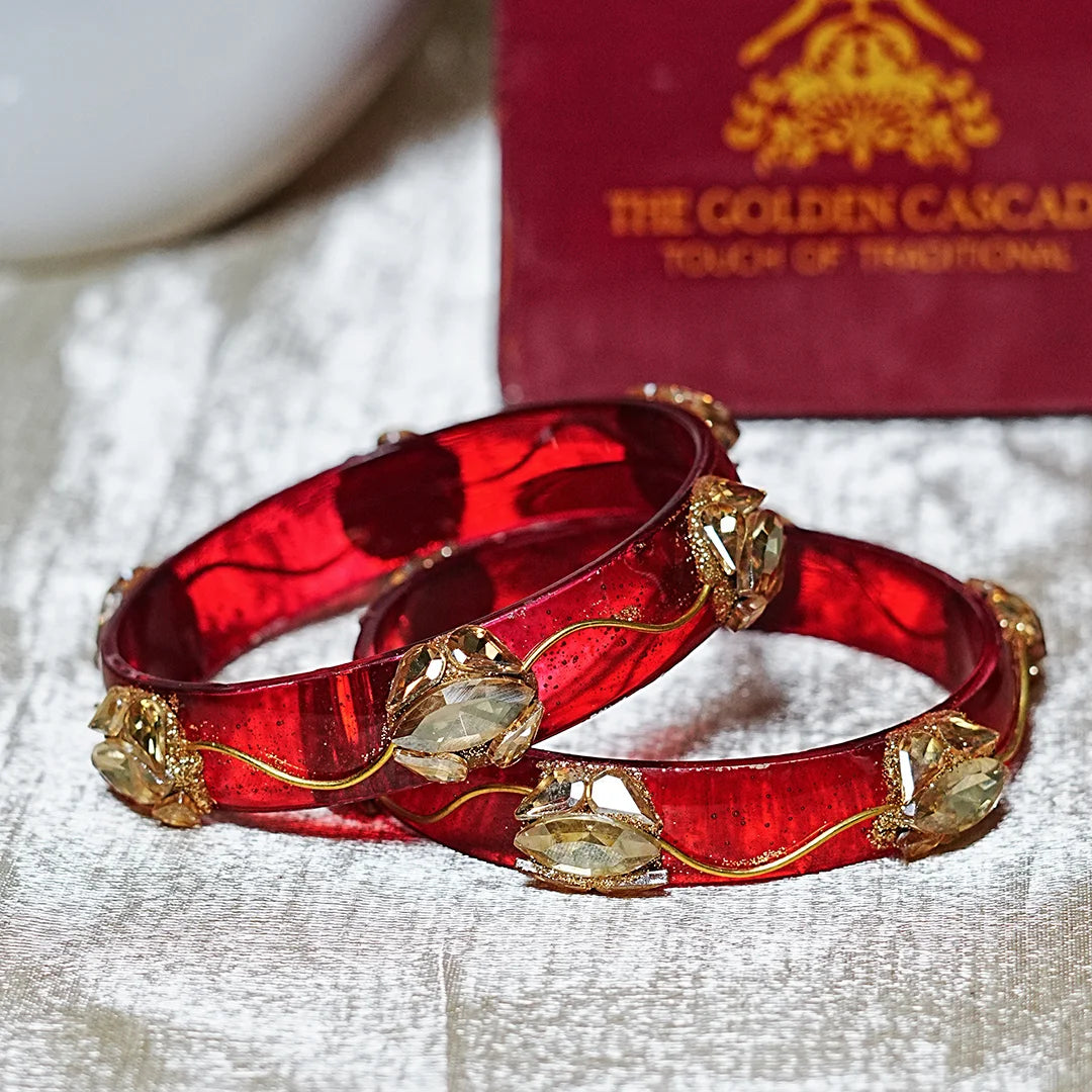 Traditional Flower Design Kundan Work Glass Kada for Women & Girls (Pack of 2)