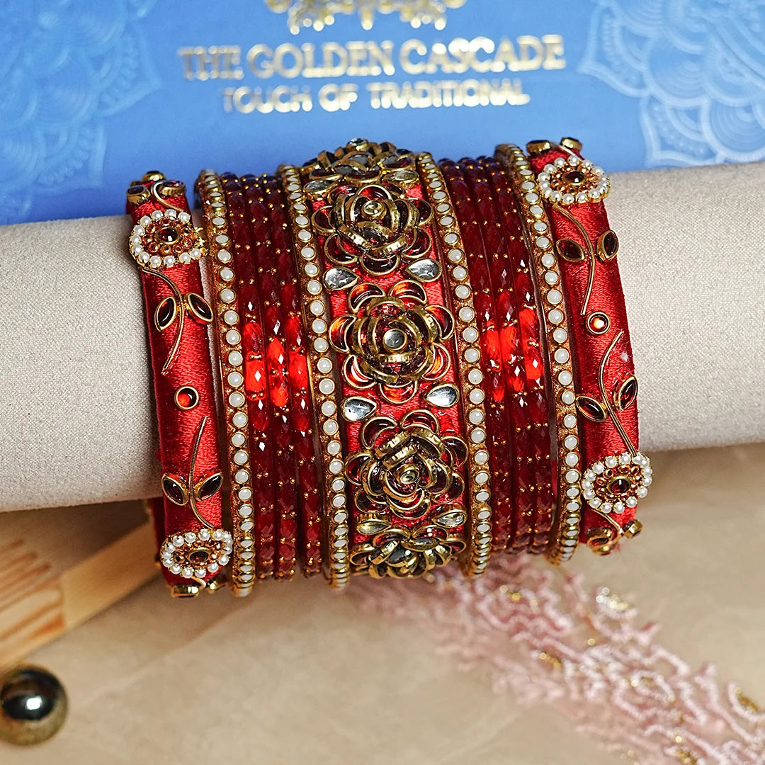 Traditional Handmade Thread Work Glass Bangles Set for Women (Both Hands)