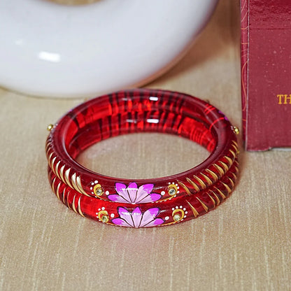 Handcrafted Lotus Printed Pattern Glass Kada for Women (Pack of 2)