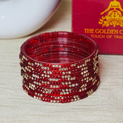 Traditional Indian Glass Bangles for Women with Stone Work (Pack of 12)