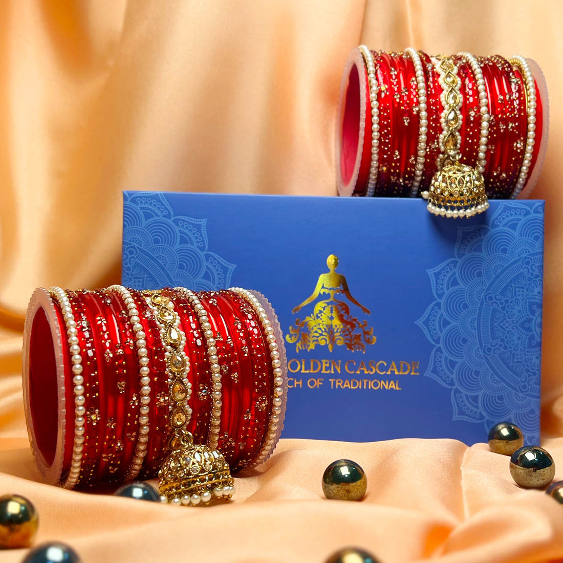 Traditional Red Glass Bangle with Pearl & Metal Jhumki Kada Set for Women (Both Hands)