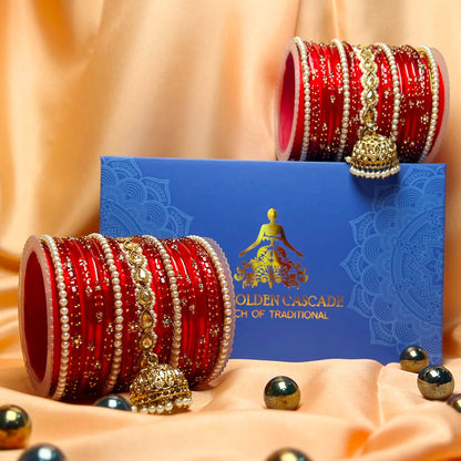 Traditional Red Glass Bangle with Pearl & Metal Jhumki Kada Set for Women