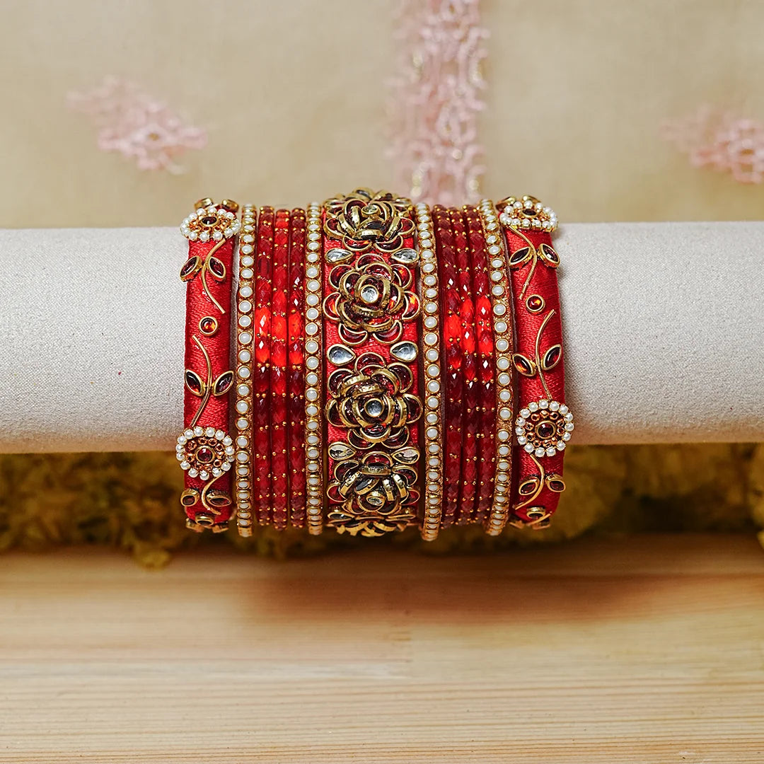 Traditional Handmade Thread Work Glass Bangles Set for Women (Both Hands)