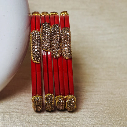 Glossy Finish Designer Glass Kada Bangles with Beads & Stone Work (Pack of 4)