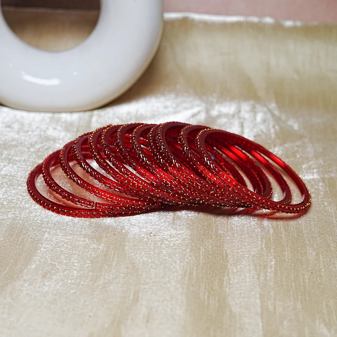 Traditional Gold Ball Studded Work Design Glass Bangles for Women (Pack of 12)