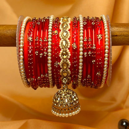 Traditional Red Glass Bangle with Pearl & Metal Jhumki Kada Set for Women