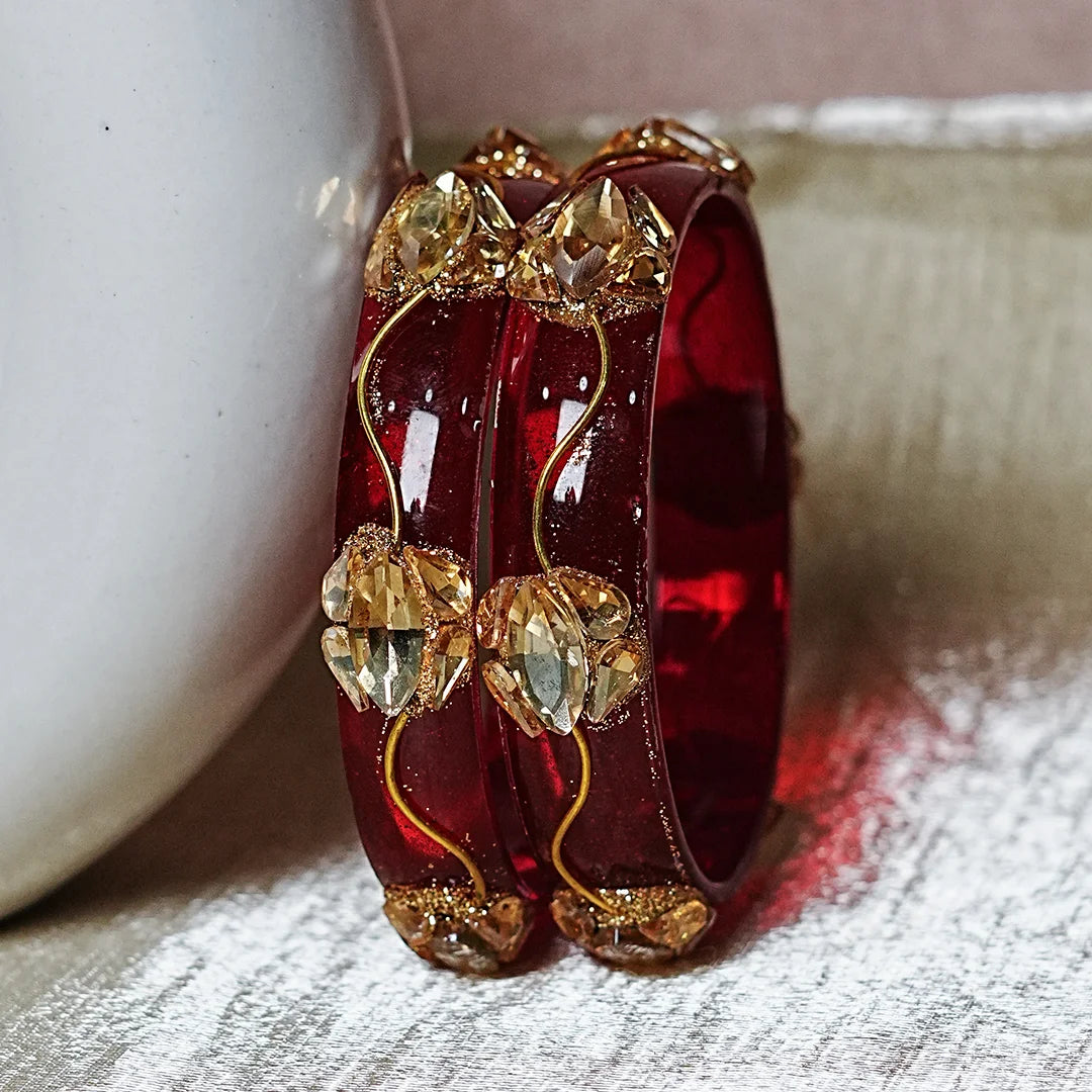 Traditional Flower Design Kundan Work Glass Kada for Women & Girls (Pack of 2)