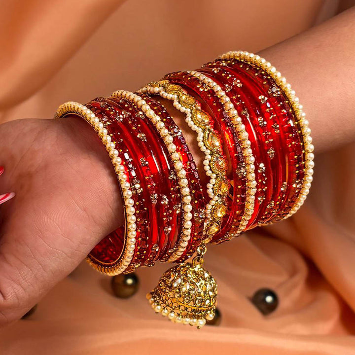 Traditional Red Glass Bangle with Pearl & Metal Jhumki Kada Set for Women (Both Hands)