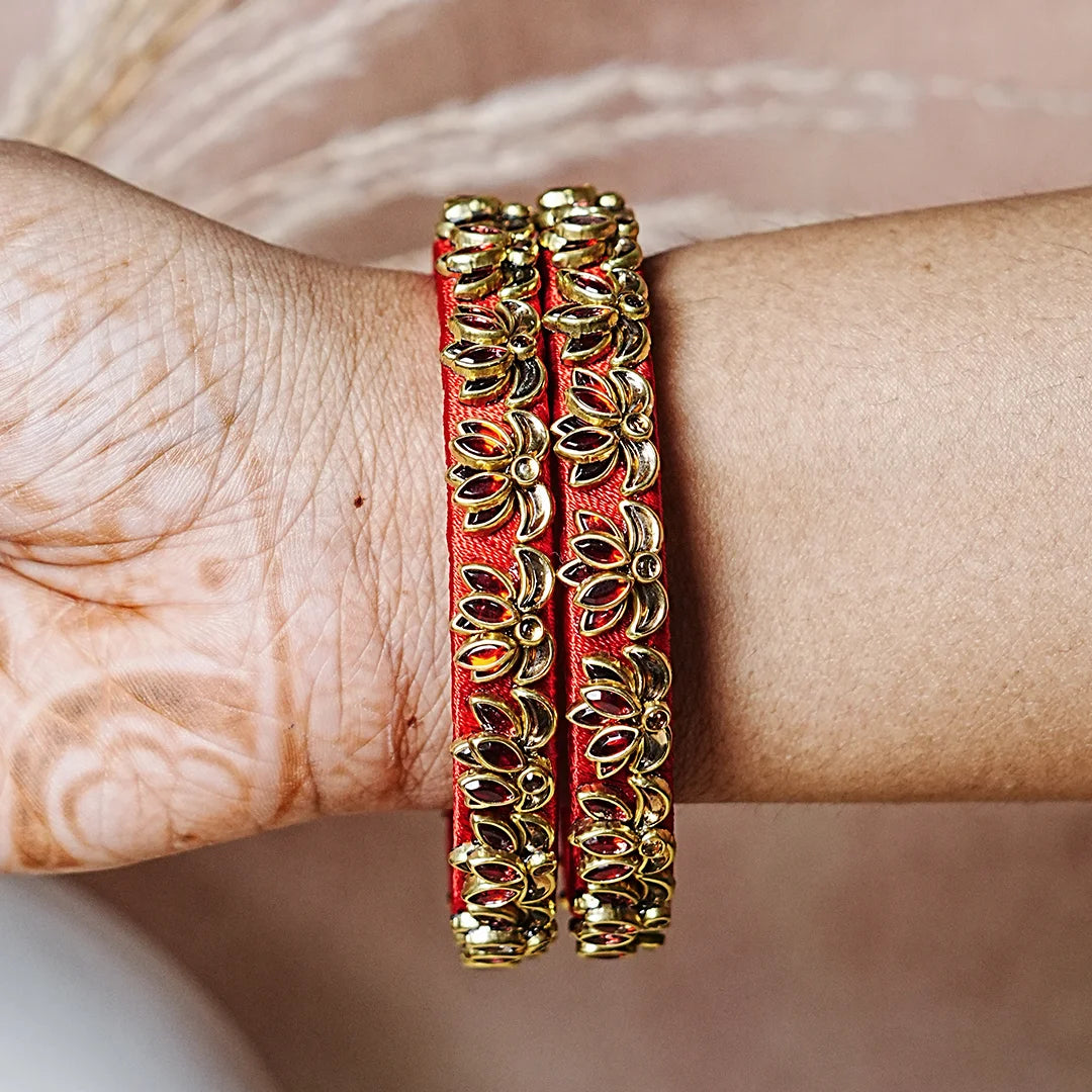 Handcrafted Silk Thread Kada Bangles with Lotus Motif for Women & Girls (Pack of 2)