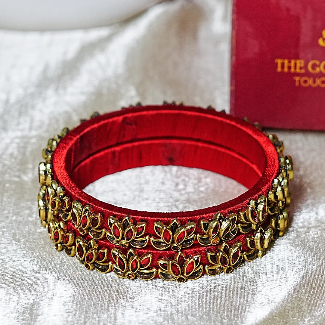 Handcrafted Silk Thread Kada Bangles with Lotus Motif for Women & Girls (Pack of 2)