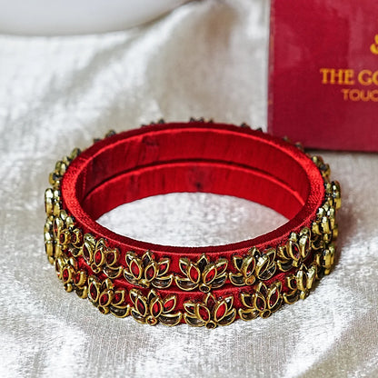 Handcrafted Silk Thread Kada Bangles with Lotus Motif for Women & Girls (Pack of 2)