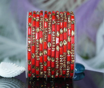 Multiple Color Glass Bangle with Stone Beads Work for Women & Girls (Pack 12 Bangles)