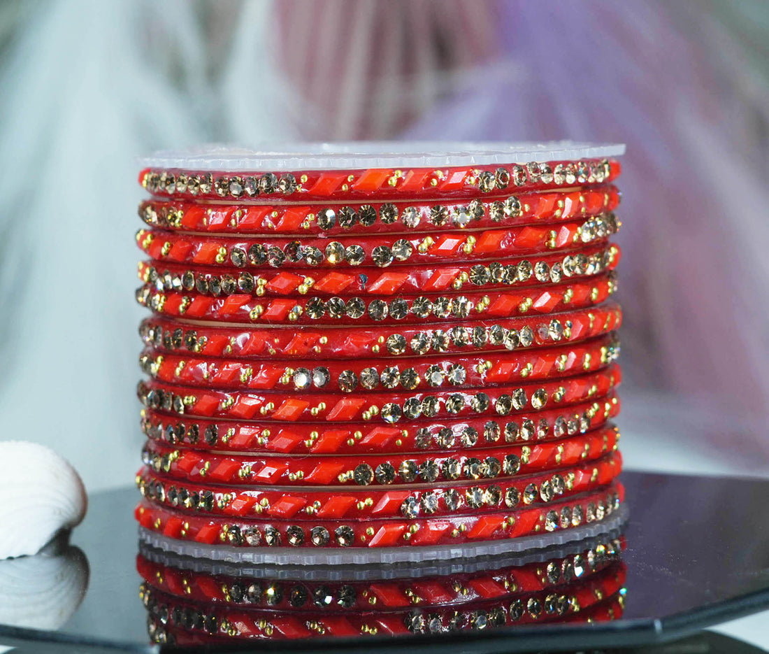 Glass Bangles with Gold Pearl Beads Studded for Women & Girls (Pack 12)