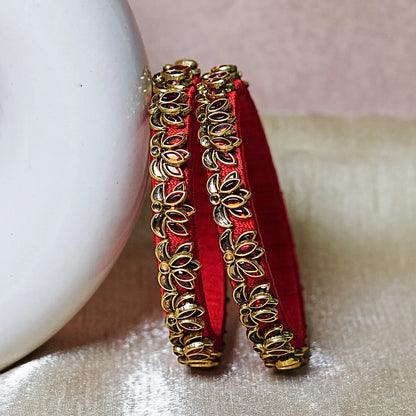 Handcrafted Silk Thread Kada Bangles with Lotus Motif for Women & Girls (Pack of 2)