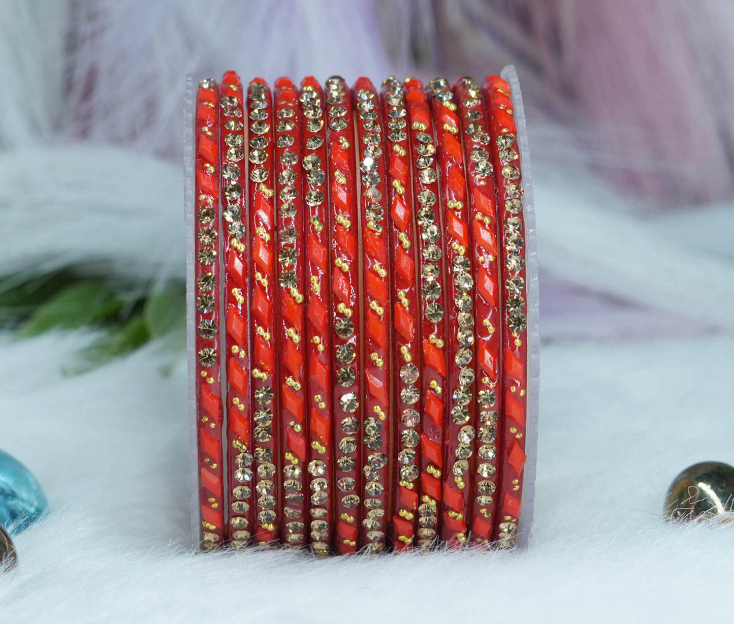 Glass Bangles with Gold Pearl Beads Studded for Women & Girls (Pack 12 Bangles)