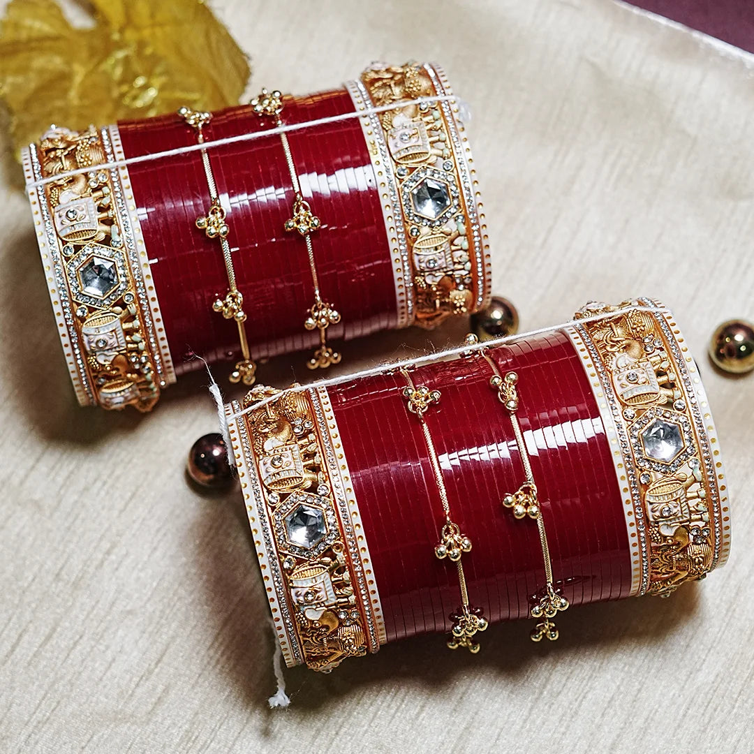 Royal Rajwadi Wedding Chura Set with Kundan & Elephant Design for Women (Both Hands)