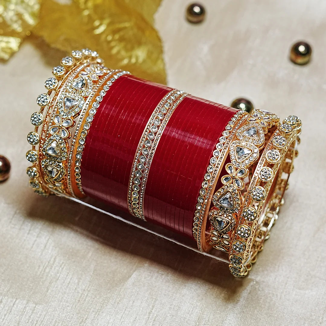 Bridal Wedding Chuda Set with Kundan & Pacheli Kada for Women (Both Hand)