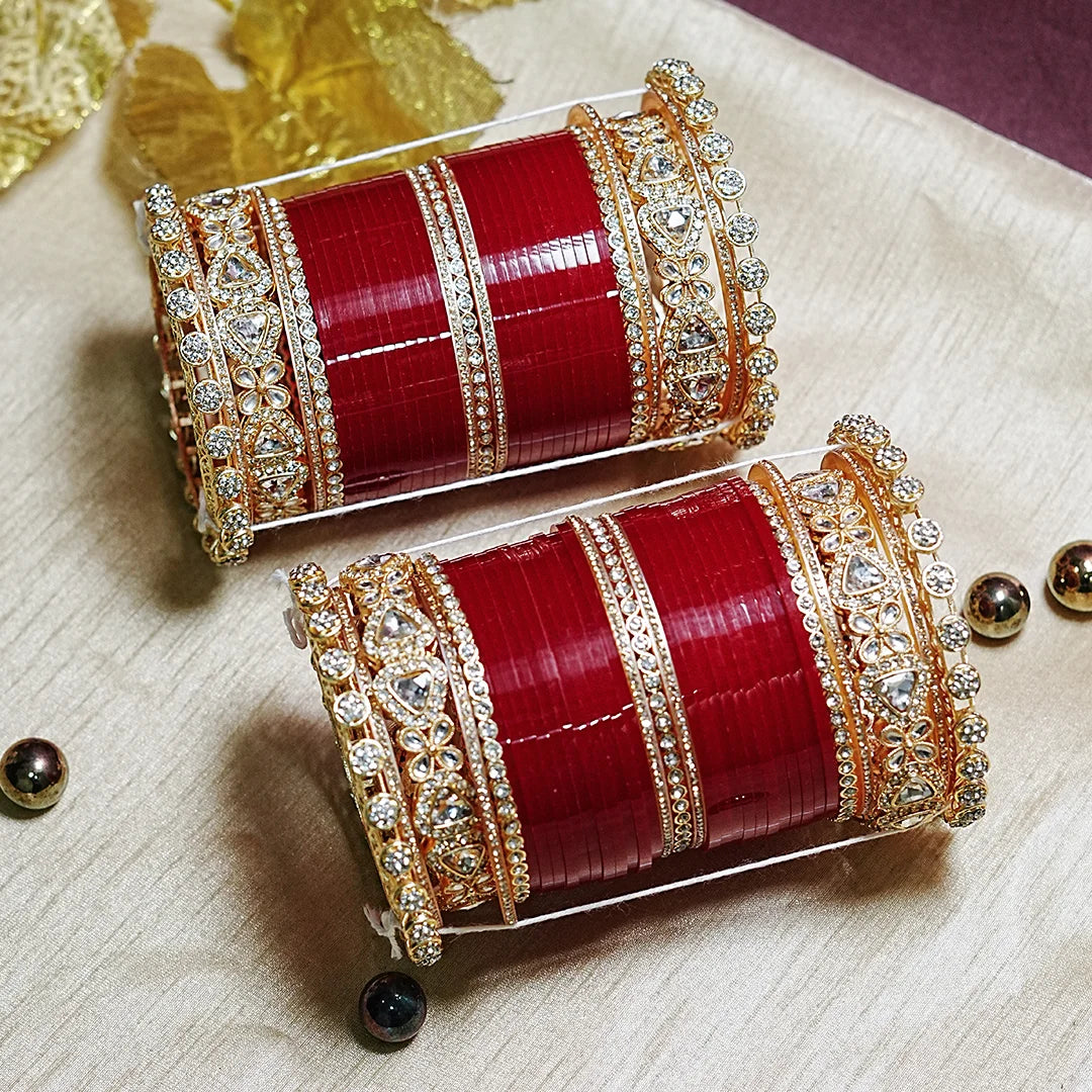 Bridal Wedding Chuda Set with Kundan & Pacheli Kada for Women (Both Hand)