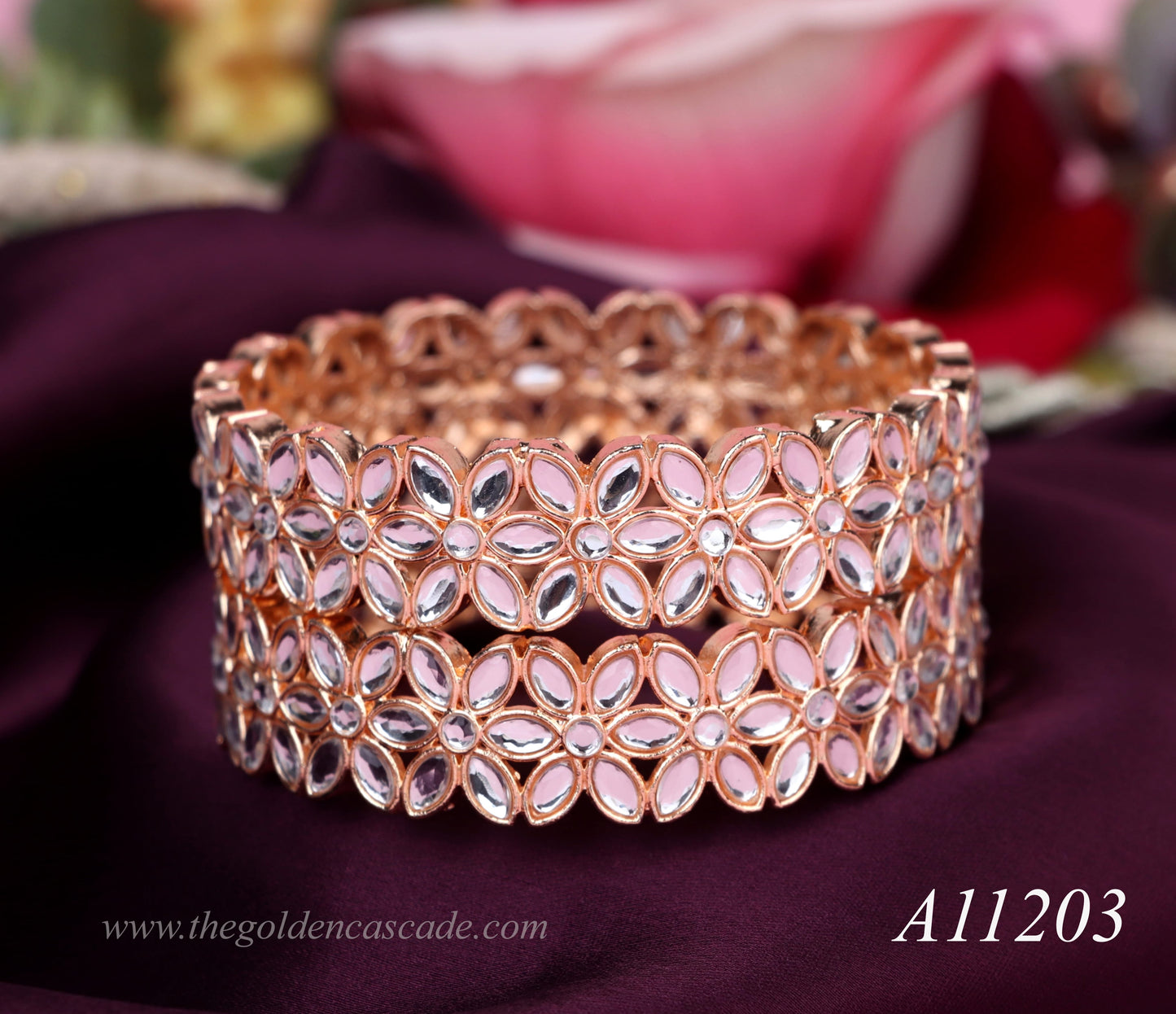 Traditional Rose Gold Plated Stone Studded Metal Kada for Women (Pack of 2)