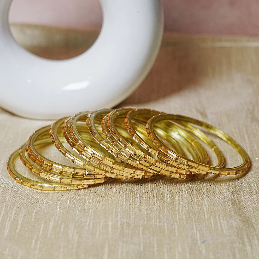 Golden Glass Bangles for Women & Girls | Elegant Stone Work Design (Pack of 12)