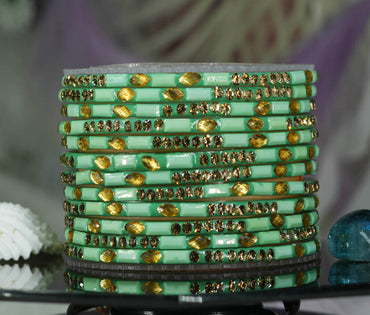 Multiple Color Glass Bangle with Stone Beads Work for Women & Girls (Pack 12 Bangles)