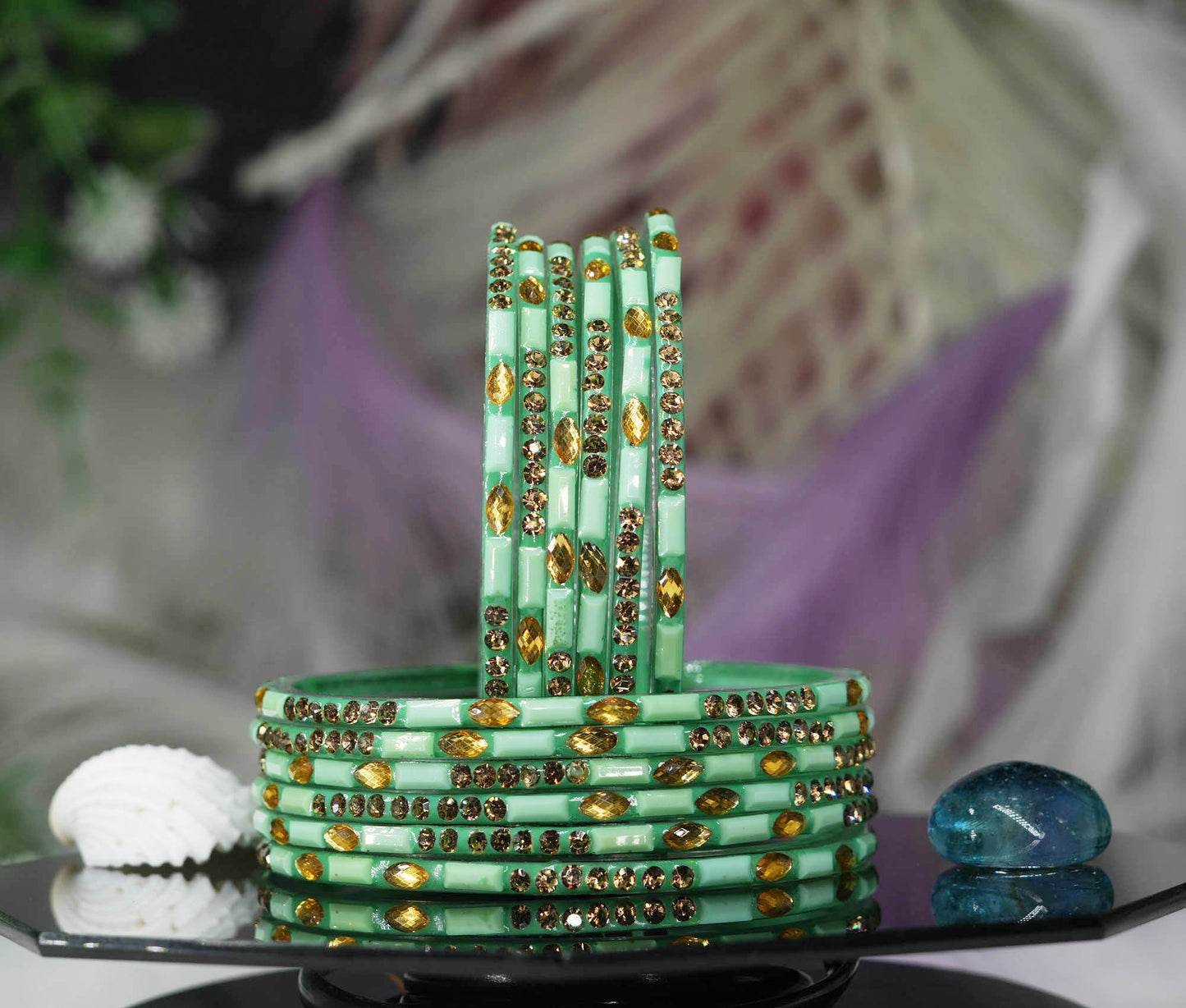 Multiple Color Glass Bangle with Stone Beads Work for Women & Girls (Pack 12 Bangles)