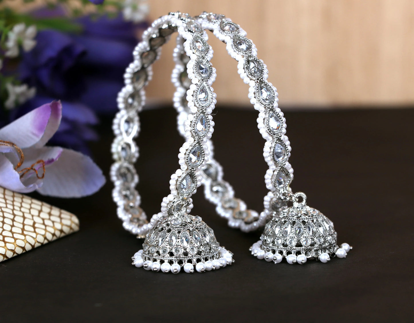 Silver Metal Kada for Women with Kundan Work & Jhumki (Pack Of 2)