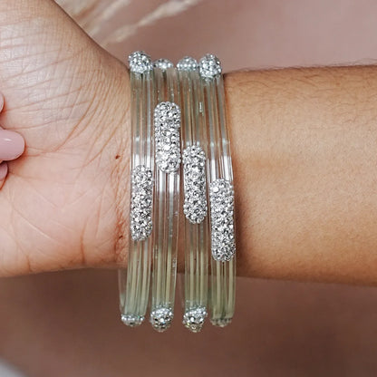 Glossy Finish Designer Glass Kada Bangles with Beads & Stone Work (Pack of 4)