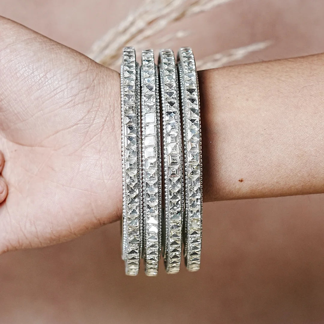 Designer Glass Kada Bangles | Stone Finish (Pack of 4)