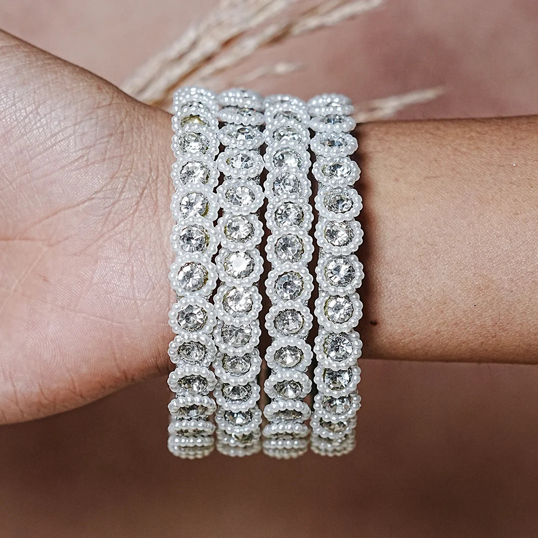 Traditional Designer Glass Kada Bangles | Kundan Pearl Studded (Pack of 4)