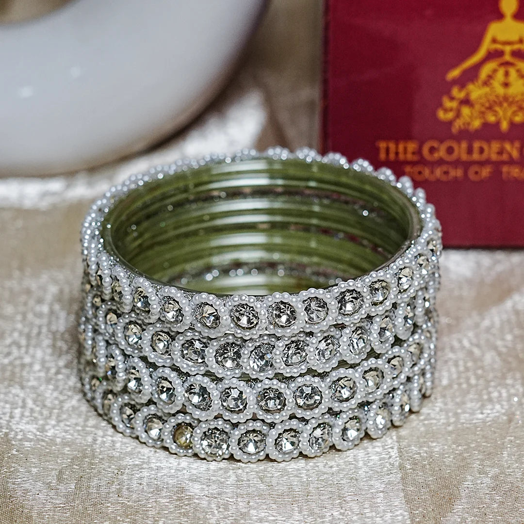 Traditional Designer Glass Kada Bangles | Kundan Pearl Studded (Pack of 4)