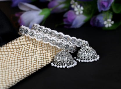 Silver Metal Kada for Women with Kundan Work & Jhumki (Pack Of 2)