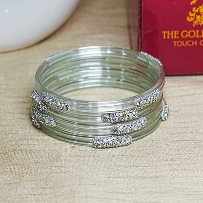 Glossy Finish Designer Glass Kada Bangles with Beads & Stone Work (Pack of 4)