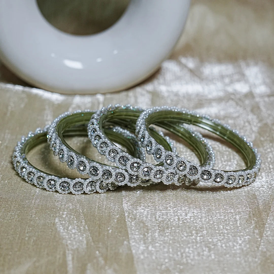 Traditional Designer Glass Kada Bangles | Kundan Pearl Studded (Pack of 4)