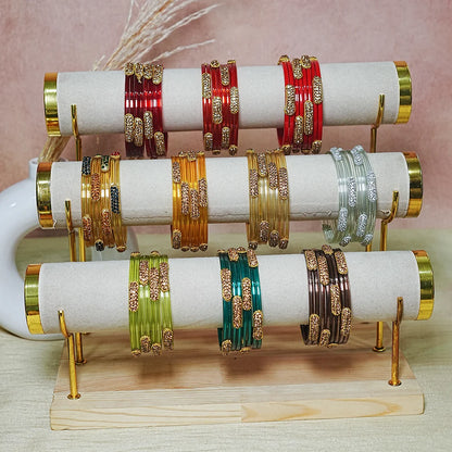 Glossy Finish Designer Glass Kada Bangles with Beads & Stone Work (Pack of 4)