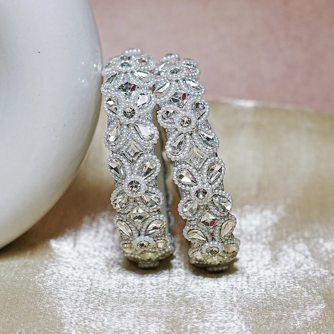 Traditional Glass Kada Intricate Kundan Stone & Pearl Work for Women & Girls (Pack of 2)