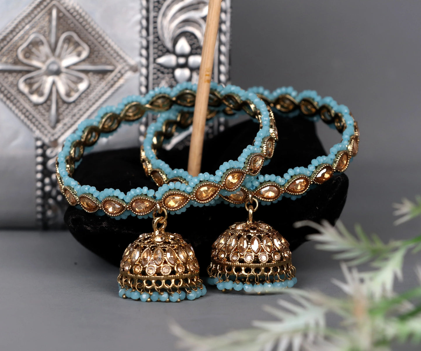 Traditional Kundan Studded Metal Kada with Jhumki for Women (Pack Of 2)