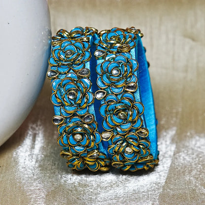 Handmade Thread Kada Bangle with Rose Motif and Kundan Work for Women & Girls (Pack of 2)