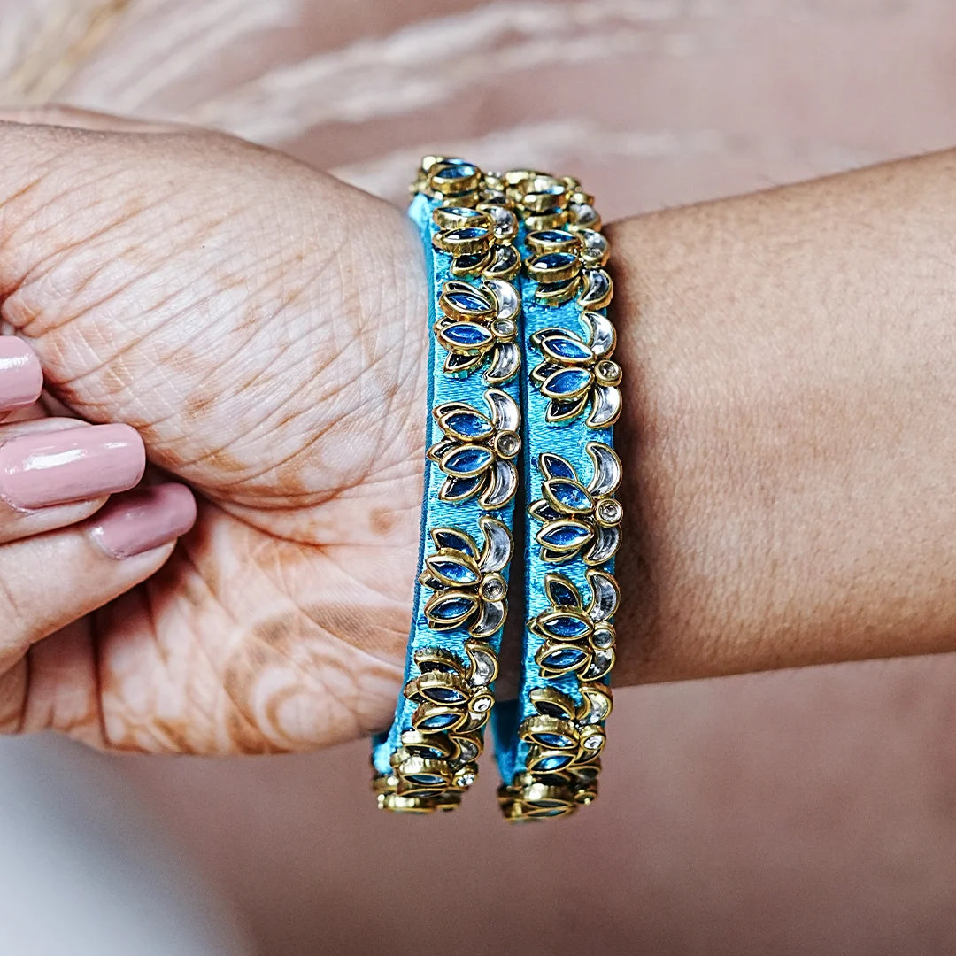 Handcrafted Silk Thread Kada Bangles with Lotus Motif for Women & Girls (Pack of 2)