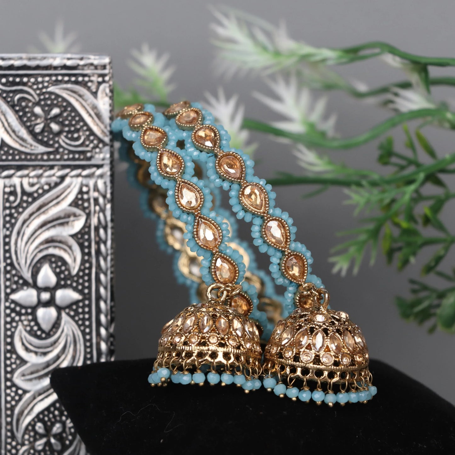 Traditional Kundan Studded Metal Kada with Jhumki for Women (Pack Of 2)