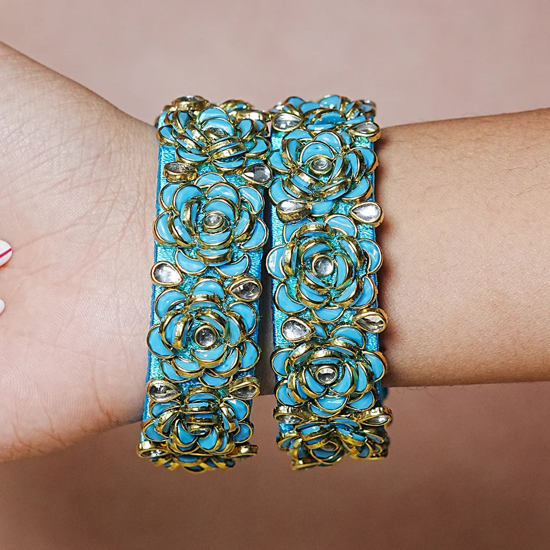 Handmade Thread Kada Bangle with Rose Motif and Kundan Work for Women & Girls (Pack of 2)