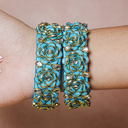 Handmade Thread Kada Bangle with Rose Motif and Kundan Work for Women & Girls (Pack of 2)